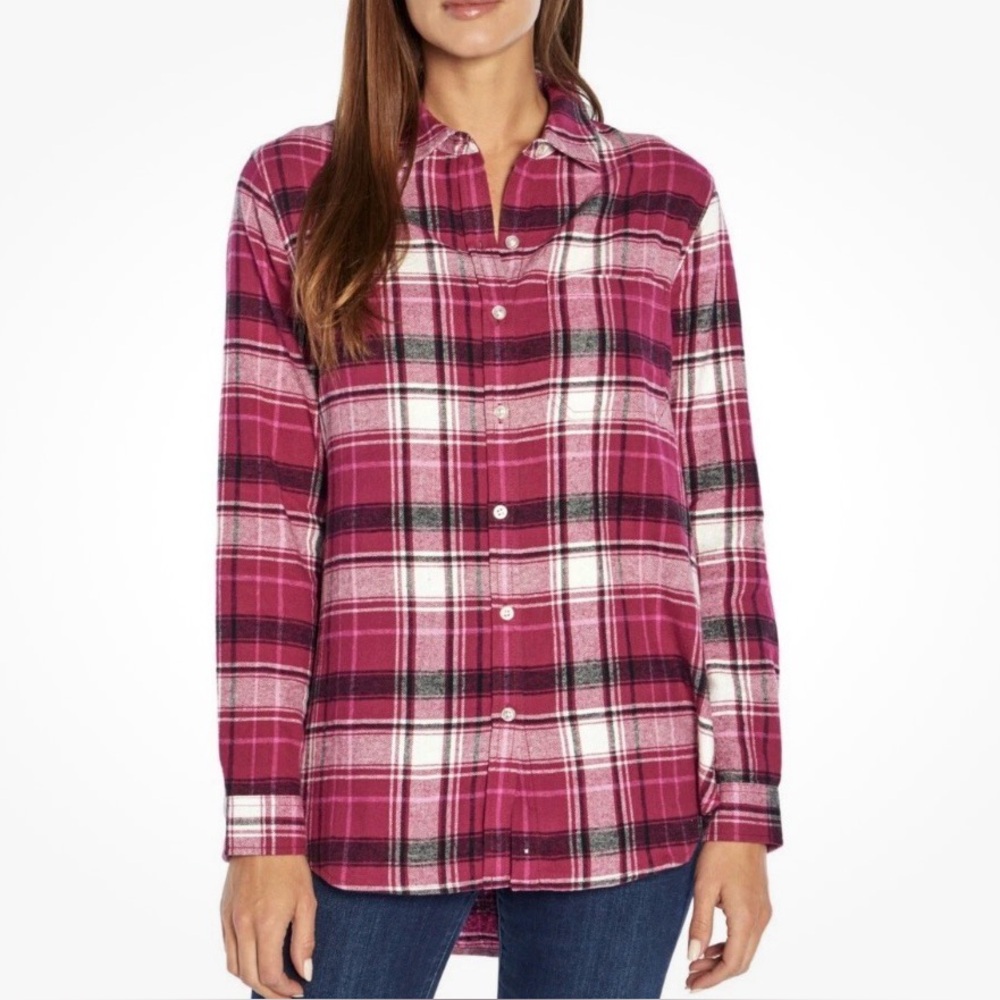 Banana Republic Boyfriend Fit Plaid Shirt in Burgundy and Pink